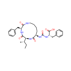 CC[C@H](C)[C@@H]1NC(=O)[C@H](NC(=O)N[C@@H](Cc2ccccc2)C(=O)O)CCCCNC(=O)[C@H](Cc2ccccc2)NC1=O ZINC000073295078