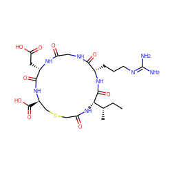 CC[C@H](C)[C@@H]1NC(=O)CSC[C@@H](C(=O)O)NC(=O)[C@H](CC(=O)O)NC(=O)CNC(=O)[C@H](CCCN=C(N)N)NC1=O ZINC000026169376