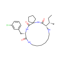 CC[C@H](C)[C@@H]1NCCCCCCNC(=O)[C@H](Cc2cccc(Cl)c2)NC(=O)C2(CCCC2)NC1=O ZINC001772614038