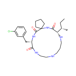 CC[C@H](C)[C@@H]1NCCCNCCNC(=O)[C@H](Cc2cccc(Cl)c2)NC(=O)C2(CCCC2)NC1=O ZINC001772629942