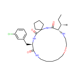 CC[C@H](C)[C@@H]1NCCOCCCCCNC(=O)[C@@H](Cc2cccc(Cl)c2)NC(=O)C2(CCCC2)NC1=O ZINC001772573327