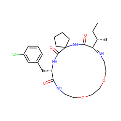 CC[C@H](C)[C@@H]1NCCOCCOCCNC(=O)[C@H](Cc2cccc(Cl)c2)NC(=O)C2(CCCC2)NC1=O ZINC001772639005