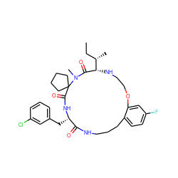 CC[C@H](C)[C@@H]1NCCOc2cc(F)ccc2CCCNC(=O)[C@H](Cc2cccc(Cl)c2)NC(=O)C2(CCCC2)N(C)C1=O ZINC001772642428