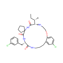 CC[C@H](C)[C@@H]1NCCOc2ccc(Cl)cc2CCCNC(=O)[C@H](Cc2cccc(Cl)c2)NC(=O)C2(CCCC2)NC1=O ZINC001772654492