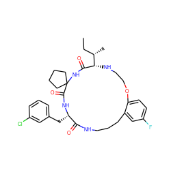 CC[C@H](C)[C@@H]1NCCOc2ccc(F)cc2CCCNC(=O)[C@H](Cc2cccc(Cl)c2)NC(=O)C2(CCCC2)NC1=O ZINC001772655516