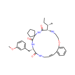 CC[C@H](C)[C@@H]1NCCOc2ccccc2/C=C\CNC(=O)[C@H](Cc2cccc(OC)c2)NC(=O)C2(CCCC2)NC1=O ZINC001772592498