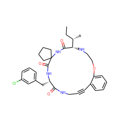 CC[C@H](C)[C@@H]1NCCOc2ccccc2C#CCNC(=O)[C@H](Cc2cccc(Cl)c2)NC(=O)C2(CCCC2)NC1=O ZINC001772646999