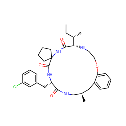 CC[C@H](C)[C@@H]1NCCOc2ccccc2C[C@@H](C)CNC(=O)[C@H](Cc2cccc(Cl)c2)NC(=O)C2(CCCC2)NC1=O ZINC001772633678