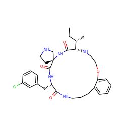 CC[C@H](C)[C@@H]1NCCOc2ccccc2CCCNC(=O)[C@H](Cc2cccc(Cl)c2)NC(=O)[C@@]2(CCNC2)NC1=O ZINC001772606095