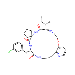 CC[C@H](C)[C@@H]1NCCOc2cccnc2CCCNC(=O)[C@H](Cc2cccc(Cl)c2)NC(=O)C2(CCCC2)NC1=O ZINC001772616593