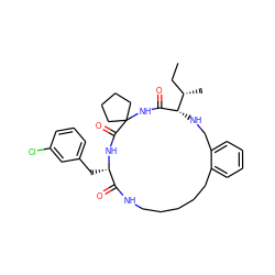 CC[C@H](C)[C@@H]1NCc2ccccc2CCCCCNC(=O)[C@H](Cc2cccc(Cl)c2)NC(=O)C2(CCCC2)NC1=O ZINC001772590026