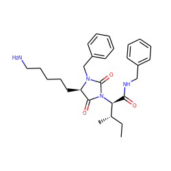 CC[C@H](C)[C@H](C(=O)NCc1ccccc1)N1C(=O)[C@@H](CCCCCN)N(Cc2ccccc2)C1=O ZINC000026388321