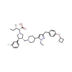 CC[C@H](C)[C@H](C(=O)O)N1C[C@H](CN2CCC(c3cc(Cc4ccc(OC5CCC5)cc4)nn3CC)CC2)[C@@H](c2cccc(F)c2)C1 ZINC000028087974