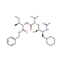 CC[C@H](C)[C@H](NC(=O)[C@@H](C[C@H](O)[C@H](CC1CCCCC1)NC(C)=O)C(C)C)C(=O)NCc1ccccn1 ZINC000003927248