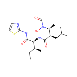 CC[C@H](C)[C@H](NC(=O)[C@H](CC(C)C)[C@H](C)N(O)C=O)C(=O)Nc1nccs1 ZINC000026273566