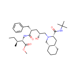 CC[C@H](C)[C@H](NC(=O)[C@H](Cc1ccccc1)C[C@@H](O)CN1C[C@H]2CCCC[C@H]2C[C@H]1C(=O)NC(C)(C)C)C(=O)OC ZINC000029345905
