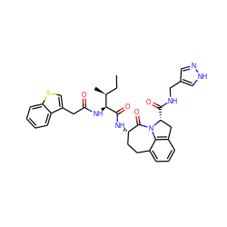 CC[C@H](C)[C@H](NC(=O)Cc1csc2ccccc12)C(=O)N[C@H]1CCc2cccc3c2N(C1=O)[C@H](C(=O)NCc1cn[nH]c1)C3 ZINC000026288350