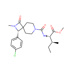 CC[C@H](C)[C@H](NC(=O)N1CCC2(CC1)C(=O)N(C)[C@H]2c1ccc(Cl)cc1)C(=O)OC ZINC000058506603