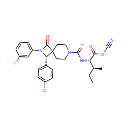 CC[C@H](C)[C@H](NC(=O)N1CCC2(CC1)C(=O)N(c1cccc(F)c1)[C@H]2c1ccc(Cl)cc1)C(=O)OC#N ZINC000058608381