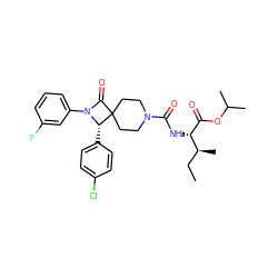 CC[C@H](C)[C@H](NC(=O)N1CCC2(CC1)C(=O)N(c1cccc(F)c1)[C@H]2c1ccc(Cl)cc1)C(=O)OC(C)C ZINC000058494196