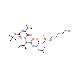 CC[C@H](C)[C@H](NC(=O)OC(C)(C)C)C(=O)N[C@H](C(=O)N[C@@H](CC(C)C)[C@@H](O)CC(=O)NCCCCCO)[C@@H](C)CC ZINC000027524507