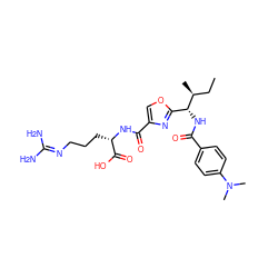 CC[C@H](C)[C@H](NC(=O)c1ccc(N(C)C)cc1)c1nc(C(=O)N[C@@H](CCCN=C(N)N)C(=O)O)co1 ZINC000205628389