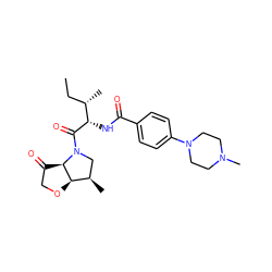 CC[C@H](C)[C@H](NC(=O)c1ccc(N2CCN(C)CC2)cc1)C(=O)N1C[C@@H](C)[C@H]2OCC(=O)[C@H]21 ZINC000096170014