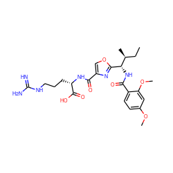 CC[C@H](C)[C@H](NC(=O)c1ccc(OC)cc1OC)c1nc(C(=O)N[C@@H](CCCNC(=N)N)C(=O)O)co1 ZINC000653688566