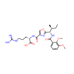 CC[C@H](C)[C@H](NC(=O)c1cccc(OC)c1OC)c1nc(C(=O)N[C@@H](CCCNC(=N)N)C(=O)O)co1 ZINC000653748784