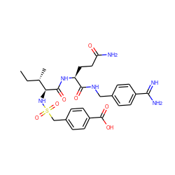 CC[C@H](C)[C@H](NS(=O)(=O)Cc1ccc(C(=O)O)cc1)C(=O)N[C@@H](CCC(N)=O)C(=O)NCc1ccc(C(=N)N)cc1 ZINC000042833753