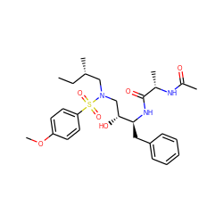 CC[C@H](C)CN(C[C@@H](O)[C@H](Cc1ccccc1)NC(=O)[C@H](C)NC(C)=O)S(=O)(=O)c1ccc(OC)cc1 ZINC000042852306