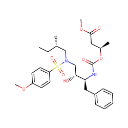 CC[C@H](C)CN(C[C@@H](O)[C@H](Cc1ccccc1)NC(=O)O[C@H](C)CC(=O)OC)S(=O)(=O)c1ccc(OC)cc1 ZINC000095554004