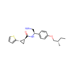 CC[C@H](C)COc1ccc([C@H](CN)NC(=O)[C@H]2C[C@@H]2c2cccs2)cc1 ZINC000141415506