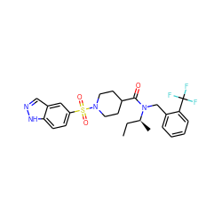 CC[C@H](C)N(Cc1ccccc1C(F)(F)F)C(=O)C1CCN(S(=O)(=O)c2ccc3[nH]ncc3c2)CC1 ZINC000299830800