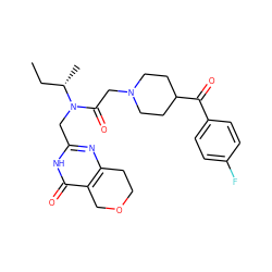 CC[C@H](C)N(Cc1nc2c(c(=O)[nH]1)COCC2)C(=O)CN1CCC(C(=O)c2ccc(F)cc2)CC1 ZINC000208813560