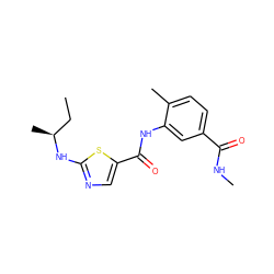 CC[C@H](C)Nc1ncc(C(=O)Nc2cc(C(=O)NC)ccc2C)s1 ZINC000029041397