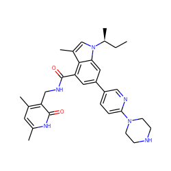 CC[C@H](C)n1cc(C)c2c(C(=O)NCc3c(C)cc(C)[nH]c3=O)cc(-c3ccc(N4CCNCC4)nc3)cc21 ZINC000072318146