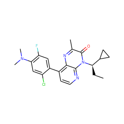 CC[C@H](C1CC1)n1c(=O)c(C)nc2c(-c3cc(F)c(N(C)C)cc3Cl)ccnc21 ZINC000003942997