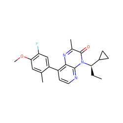 CC[C@H](C1CC1)n1c(=O)c(C)nc2c(-c3cc(F)c(OC)cc3C)ccnc21 ZINC000038826935