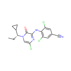 CC[C@H](C1CC1)n1cc(Cl)nc(Nc2c(Cl)cc(C#N)cc2Cl)c1=O ZINC000043011876