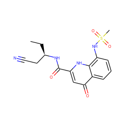 CC[C@H](CC#N)NC(=O)c1cc(=O)c2cccc(NS(C)(=O)=O)c2[nH]1 ZINC000095588729