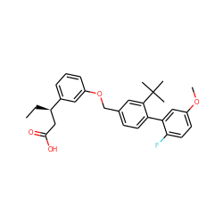 CC[C@H](CC(=O)O)c1cccc(OCc2ccc(-c3cc(OC)ccc3F)c(C(C)(C)C)c2)c1 ZINC000095577700