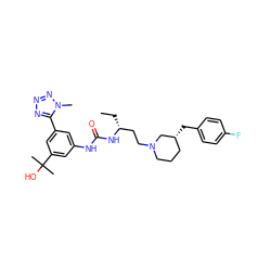 CC[C@H](CCN1CCC[C@@H](Cc2ccc(F)cc2)C1)NC(=O)Nc1cc(-c2nnnn2C)cc(C(C)(C)O)c1 ZINC000029130149