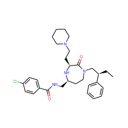 CC[C@H](CN1CC[C@@H](CNC(=O)c2ccc(Cl)cc2)N[C@@H](CCN2CCCCC2)C1=O)c1ccccc1 ZINC001772651476