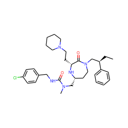 CC[C@H](CN1CC[C@H](CN(C)C(=O)NCc2ccc(Cl)cc2)N[C@H](CCN2CCCCC2)C1=O)c1ccccc1 ZINC001772632315