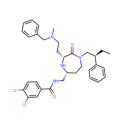 CC[C@H](CN1CC[C@H](CNC(=O)c2ccc(Cl)c(Cl)c2)N[C@H](CCN(C)Cc2ccccc2)C1=O)c1ccccc1 ZINC000206922937