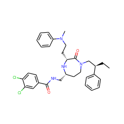 CC[C@H](CN1CC[C@H](CNC(=O)c2ccc(Cl)c(Cl)c2)N[C@H](CCN(C)c2ccccc2)C1=O)c1ccccc1 ZINC000206883614