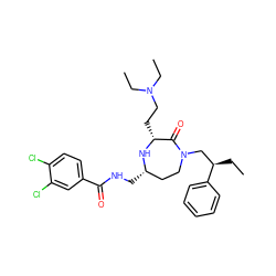 CC[C@H](CN1CC[C@H](CNC(=O)c2ccc(Cl)c(Cl)c2)N[C@H](CCN(CC)CC)C1=O)c1ccccc1 ZINC000206904609