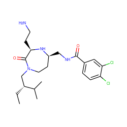 CC[C@H](CN1CC[C@H](CNC(=O)c2ccc(Cl)c(Cl)c2)N[C@H](CCN)C1=O)C(C)C ZINC000206893697