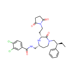 CC[C@H](CN1CC[C@H](CNC(=O)c2ccc(Cl)c(Cl)c2)N[C@H](CCN2C(=O)CCC2=O)C1=O)c1ccccc1 ZINC000206881241